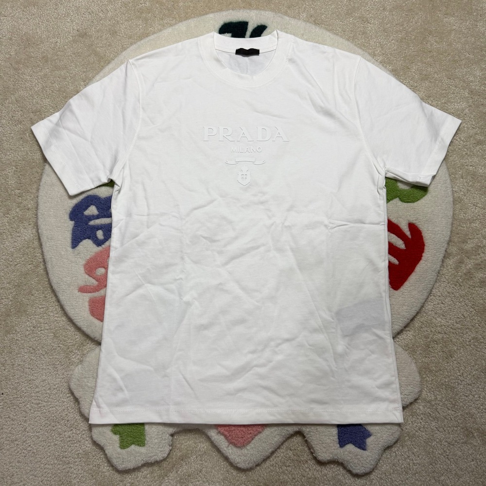 Prada Milano Embossed Logo White Cotton T-Shirt Luxury Size L